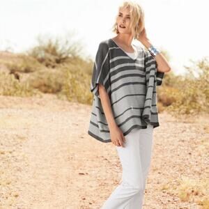 Eileen Fisher gray v-neck multi-stripe oversized sweater poncho